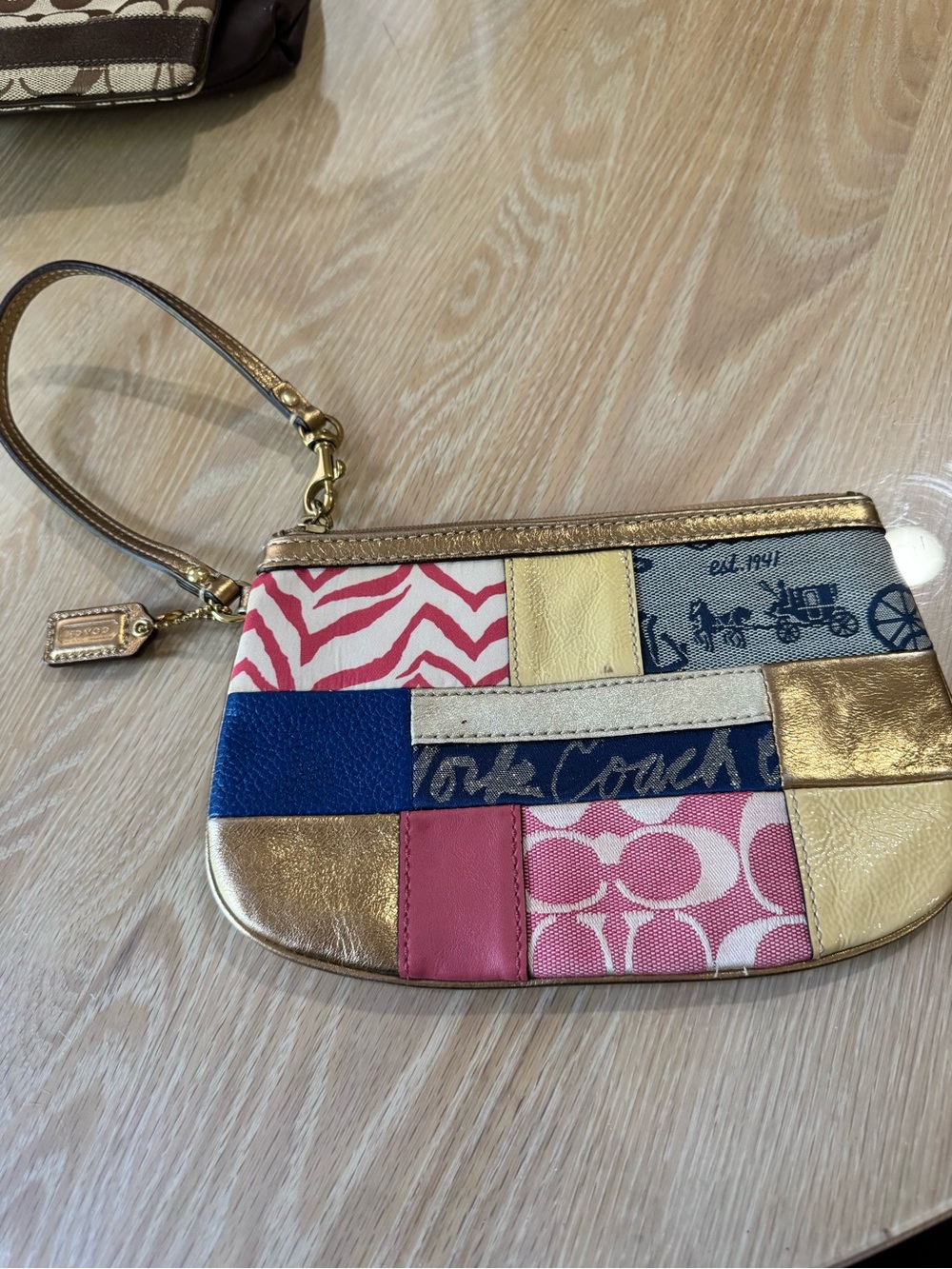 Coach Patchwork Wristlet in Gold, Pink, Blue and Cream